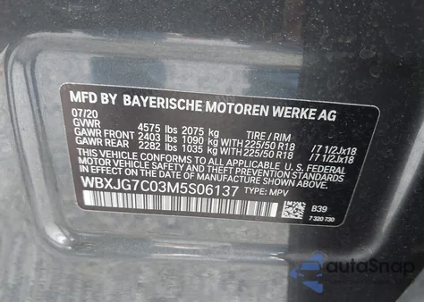 2021 BMW X1 Sdrive28I из США, поврежденный, VIN WBXJG7C03M5S06137